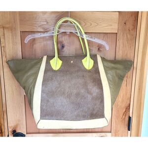 Pour La Victoire Leather Maison Shoulder Tote Purse Handbag Large Yellow Green